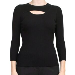 Ribbed Fitted Cutout 3/4 Sleeve Black Knit Sweater Top by Carmen Marc Valvo, EUC